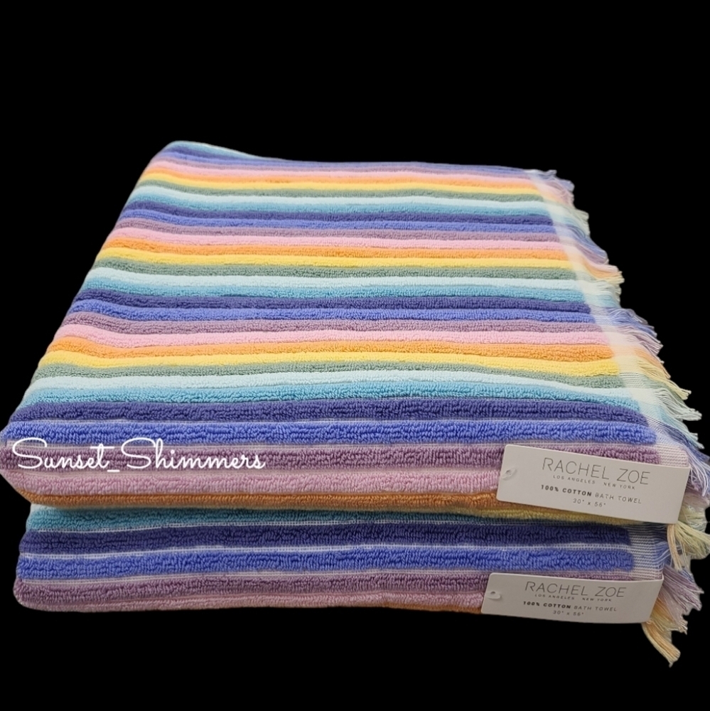 2 Piece Rachel Zoe Cotton Pastel Rainbow Striped Bath Towel Set New